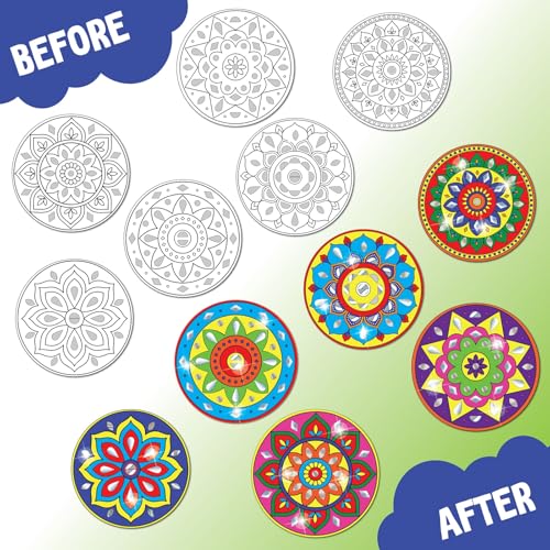 Image of SparkLPlay DIY Mirror Mandala Art Kit for Kids. Coloring Set with - 6 Magnetic Cutouts,12 Color Pens & 100+ Mirror Stickers. Creative Art & Craft. Mess Free. Gifts for Kids.