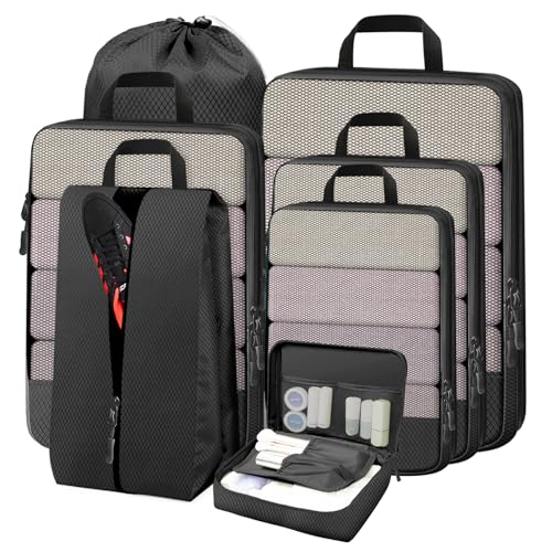Vmglgig Compression Packing Cubes, 7 PCS Travel Luggage Packing Organizers with Mesh Extensible Suitcase Organiser Bags Set, for Travel or Home Storage (Black)