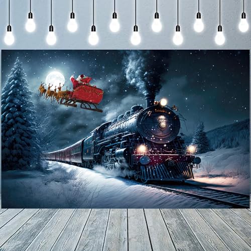 DOTOOMA 7x5 FT Christmas Old Fashioned Steam Locomotive Photo Backdrop Cartoon Polar Express Backdrop Snowy Winter Night Background Train Birthday Holiday Party Decorations