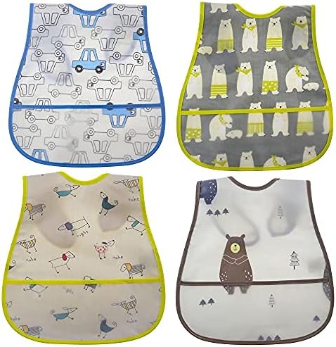 Baby Bib Waterproof With Snaps for Infants and Toddlers - 4pcs Food Catcher Bibs (Car Puppy Bear)