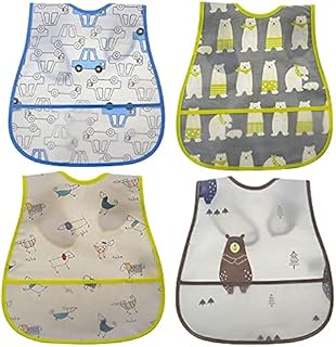 Baby Waterproof Bibs with Food Scraps Catcher Pocket Soft Adjustable Snaps Feeding Bibs For Infants Toddlers Boys and Girls