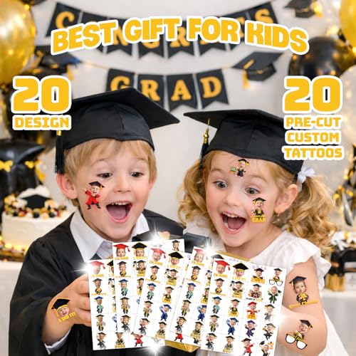 Image of Custom Graduation Temporary Tattoos for Kids, Set of 20 | Personalized Pre-Cut Face Photo, Fun Birthday Party Favors, For Boys Girls, Graduation Day Celebration Gifts