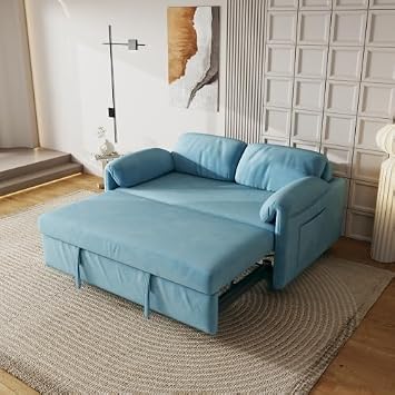 anwickjeff 54 Corduroy 3-in-1 Convertible Sofa Bed, Pull Out Sleeper Loveseat Couch with USB Ports & Storage Pockets, Futon Couches for Small Space, Living Room, Apartment Blue