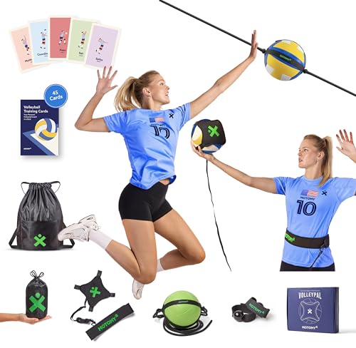 MOTOMY™ Volleyball Training Equipment Aid ‘VolleyPal’ – Solo Rebounder Trainer for Serve, Spike, Set & Pass; Indoor and Outdoor Practice Gear Gifts for Beginners & Experts (VolleyPal MasterKit+Cards)