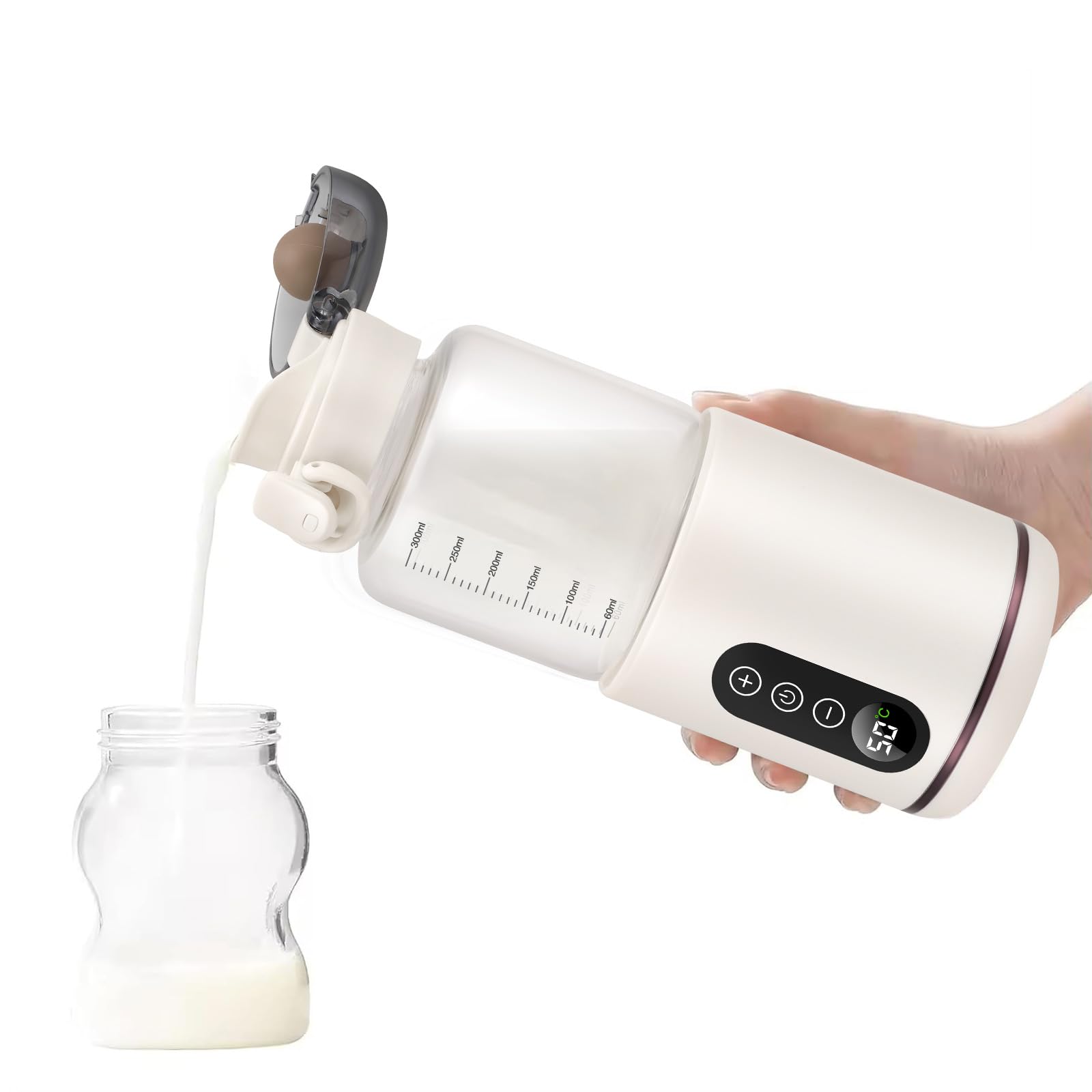 QCXWCJWD Chauffe Biberon Nomade Portable Température Réglable 37 à 55°C, 300ml Chauffe de Lait avec Ecran LCD, Chauffe biberon sans BPA pour Voyage Promenades Voiture, Blanc