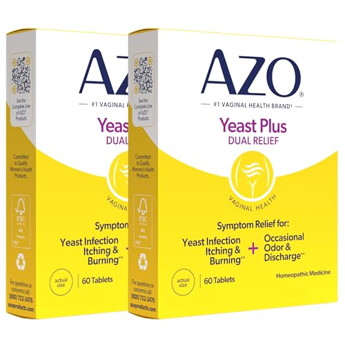 azo yeast plus dual relief homeopathic medicine  yeast infection symptom relief itching amp burning  vaginal symptom relief occasional odor amp discharge  1 most trusted brand  2 pack 60ctx2