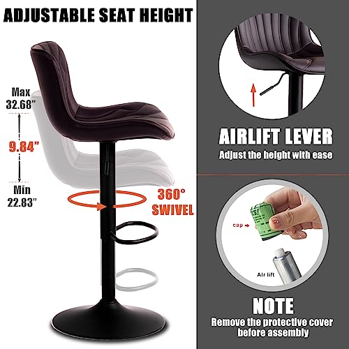 Image of Brown Bar Stools Set of 2 Kitchen Counter Height Bar Chairs Barstool Modern | Faux leather upholstered island chairs with backs & metal base. Swivel Adjustable Height, easy to clean & load 300 lbs