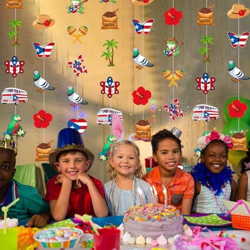 Image of Spakon 8 Pcs Puerto Rico Garlands Puerto Rican Party Hanging Decorations Hibiscus Garlands Banners Frog Paper Cutouts for Birthday Festivals Party Ceiling Wall Decor