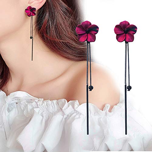 Trendy Red Green Poppy Flower Black Long Line Bar Alloy Tassel Earrings For Women Charm Drop Dangle Earring Jewelry (Red) #TOP5