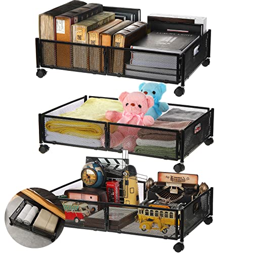 3 Pcs Under Bed Storage Containers with Wheels UnderBed Storage Organizer Drawer Rolling Under Bed Metal Basket Wire Black Underbed Storage Cart for Home Office Clothes Shoes Bedding Books Toy Blanket