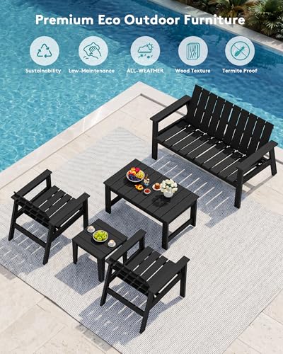 Image of SERWALL 2-Person HDPE All-Weather Outdoor Bench Set of 2, Black