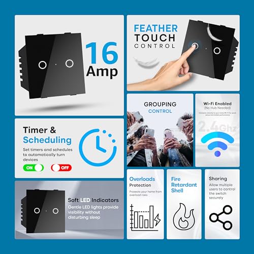 Image of SmartLife Modular 2 Gang Touch Switch (Black) | 16amp Each | WiFi + BLE | Premium Glass Finish | Compatible with Alexa, Google Assistant, HA, IFTTT & SmartLife App | Fits Roma & Similar Plates