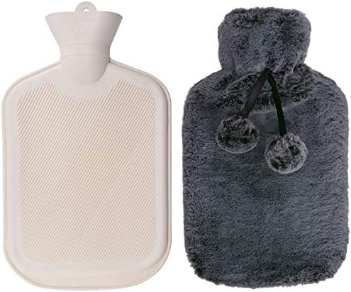 WINNPRIME Hot Water Bottle 2 Liters, Natural Rubber Hot Water Bag with Luxurious Faux Fur Cover, Great for Pain Relief, Hot Compress and Heat Therapy (Black)