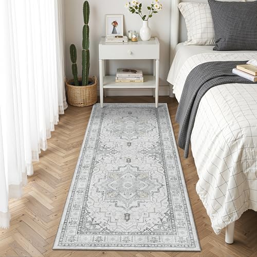 Madane Washable Runner Rug - 2x6 Rug Runners for Hallways 6 Foot Non Slip Vintage Kitchen Runner Rug Ultra-Thin Bathroom Runner Rugs Carpet Laundry Room Bedroom (2x6ft, Grey)