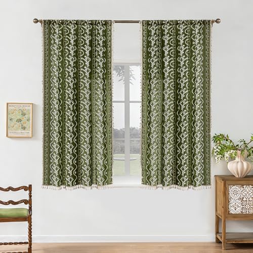 Image of Boho Curtains for Living Room, Bedroom, 2 Panels Floral Farmhouse Vintage Tassel Semi Sheer Light Filtering Privacy,Olive Green,55 inch W x 63 inch L (Pack of 2)