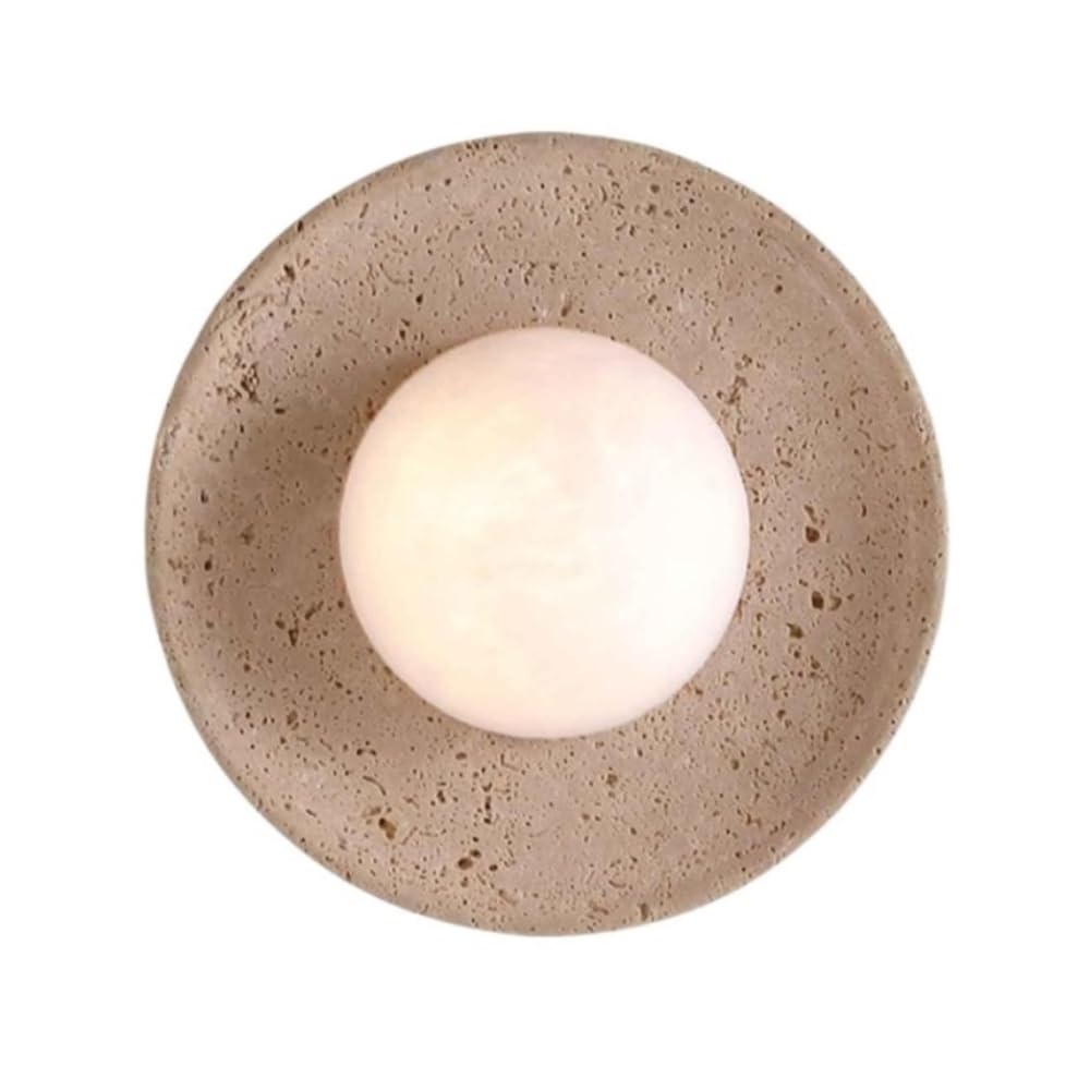 FEITENGDA Modern Spherical Wall Sconce Warm Tone Travertine Stone Vanity Fixture Round Acrylic Shade Wall Mount Lightfor Bedroom Living Room Home Interior Decoration