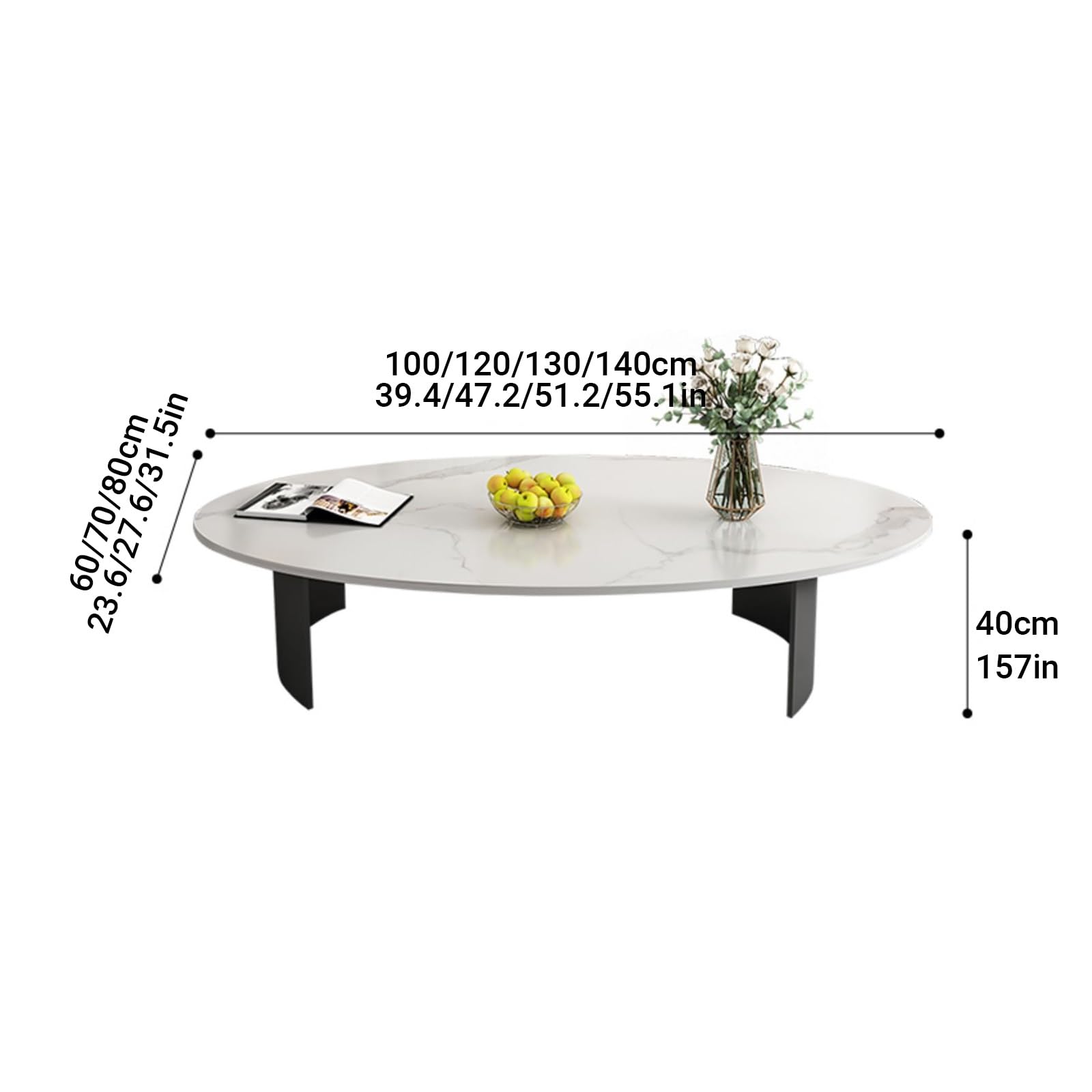 Tavolino da caffè ovale in lastra di pietra per soggiorno,tavolino cocktail in stile Mid Century con base metallica curva creativa, bordi arrotondati, effetto marmo.(F,100*60*40CM/39.4*23.6*15.7IN)