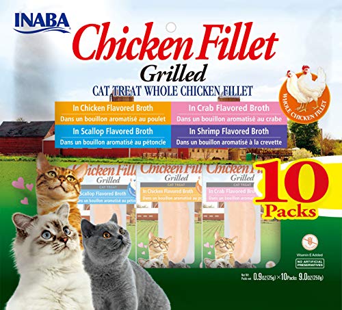INABA Grilled Chicken Fillets in Savory Seafood Broth Cat Treat 4 Variety 10 Pack