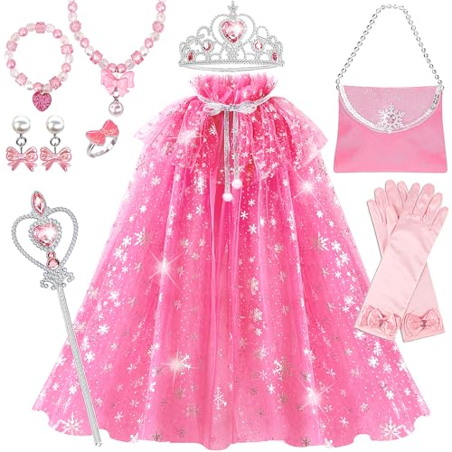 Yafacuha Princess Dress up Clothes for Little Girl, 10 Pcs Princess Necklaces Rings bracelets with Crown, Princess Dresses for Girl Birthday Gift