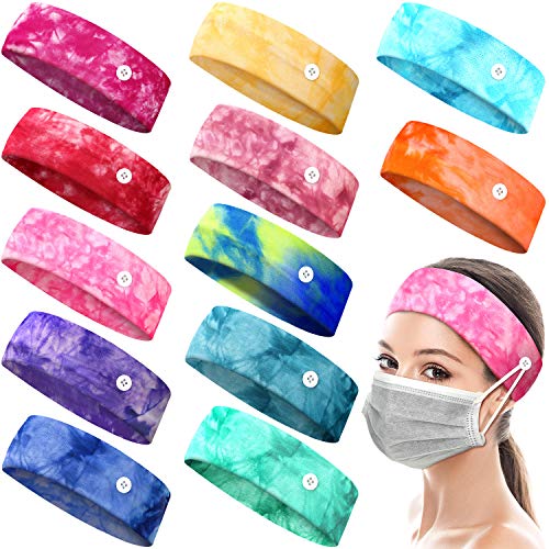 12 Pieces Elastic Headbands Tie Dye Headband with Buttons Wide Tie Dye Bandana Headbands Yoga Sports Hairband Headwrap for Men Women Ear Protection (Bright Colors)