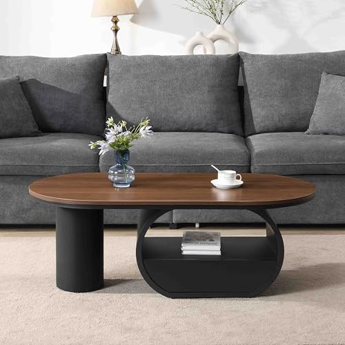 Image of Faux Marble Nesting Coffee Table Set of 2 | Coffee Table Set with End Table,Oval Living Room Table with Gold Metal Base,Marble Grain Top & 1 Drawer,Stack Tea Table Set