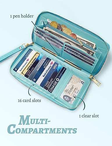 Yarnic Women's Wallet Credit Card Holder Money Pockets Big Wristlet Wallet Case Coin Money Clip Organizer Purse with RFID Blocking Large Capacity with Zipper Cheetah Wallet (pale turquioise) — view 5
