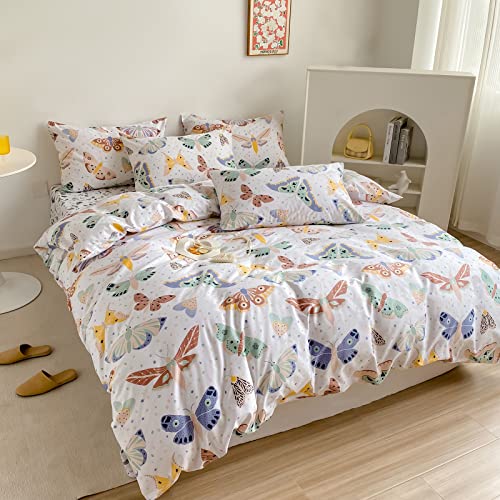 Aojim Duvet Cover Set, 100% Cotton Butterfly Bedding Set 3 Pcs With Zipper Closure And 4 Corners Ties, Colorful Butterflies Printed Design, 1 Queen Duvet Cover 2 Pillowcases (No Comforter) #TOP7