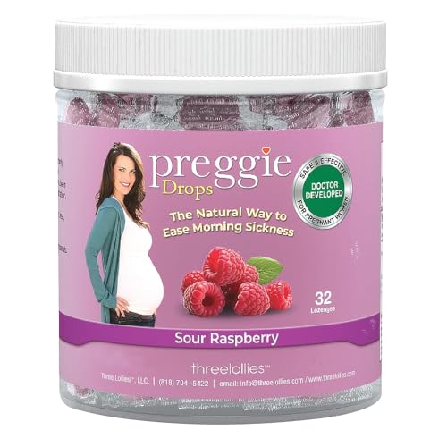 Image of Three Lollies Preggie Drops Pregnancy Nausea Relief Drops with Essential Oils, Morning Sickness and Queasy Stomach Support for Pregnant Women, Sour Raspberry, 32 Count
