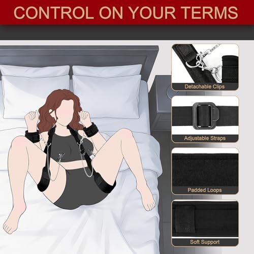 Image of Sex Bondage Leg Restraints with Handcuffs Nipple Clamps, Adjustable Neck to Thigh Sling Straps Wrist Cuffs, BDSM Toys Bed Restraints for Women Couples Beginner (Black Plus)