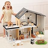 OOOK Wooden Dollhouse, Modern Doll House with 66Pcs Luxurious Furniture Accessories, Including Dolls and Pet Sets, Wood Dollhouse Toy for Boys and Girls 3+