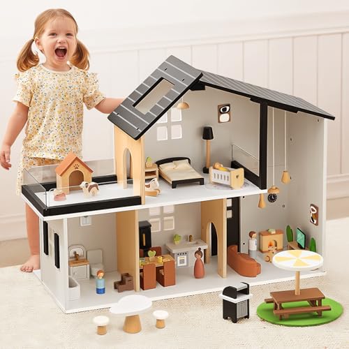 OOOK Puppenhaus Holz, Dollhouse mit 66 Möbel & Zubehör, Puppenhaus ab 3 Jahre Mädchen und Jungen, Spielzeug Geschenke für Kinder inklusive Puppen und Tier Sets
