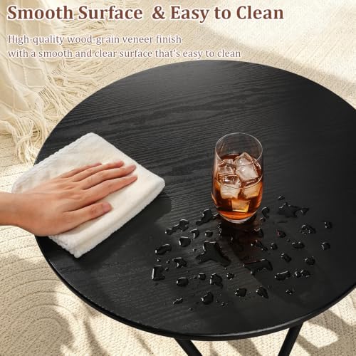 Image of Round Coffee Table Black Wooden Coffee Tables for Living Room Mid-Century Modern Center Table Wood Grain Desktop and Metal Legs Easy to Assemble