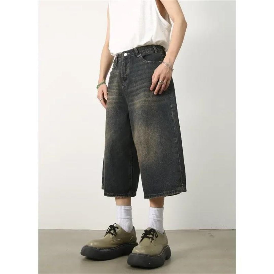 Damskie retro szerokie nogawki workowate denim Harajuku wysoka talia luźne spodenki punkowe, Niebieski retro, S