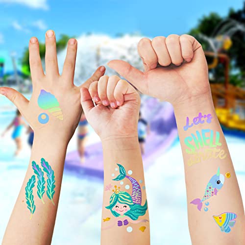 Glitter Mermaid Temporary Tattoo 76 Sheets Glitter Styles Kids Tattoos Stickers Birthday Decorations Party Under The Sea Animal Waterproof Fake Tattoos Best Gift For Boys Girls #TOP2