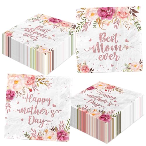 Mothers Day Napkins 48Pcs,Watercolor Floral Disposable Paper Napkins,Spring Luncheon Decor-Pink Roses Happy Mothers Day Party Supplies