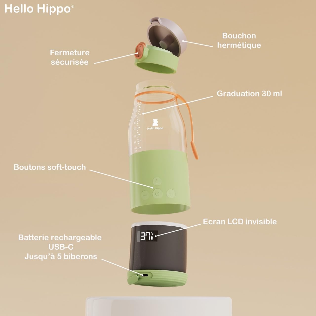 Chauffe-Biberon Nomade 300 ml – Sans Fil, Batterie Rechargeable USB, Voiture – Température Réglable 37-50°C avec Maintien au Chaud – Graduation 30 ml – Idéal pour Lait et Eau en Voyage