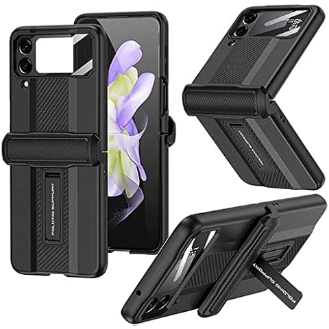YQODSZ for Samsung Galaxy Z Flip 4 Case, [Hinge Protection] [Rear Screen Protector] [Kickstand] Hard PC Back Cover Wireless Charging Shockproof Slim Phone Case Cover for Z Flip 4 2022 - Black Cover