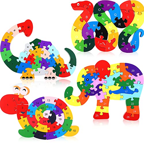 Image of Yunsailing 4 Pcs Wooden Animal Puzzles for Kids, Double Sided Snake Jigsaw with Alphabet & Numbers for Preschool Toddler Learning Educational Activities(Snake, Dinosaur, Elephant, Snail)
