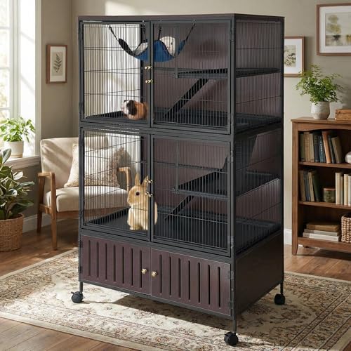 60 Large Ferret Cage Multi-Level Small Animal Mansion with 4 Wheels 3 Metal Ramps & Hammock for Chinchillas Rabbits Guinea Pigs Includes PP Trays & Storage Cabinet