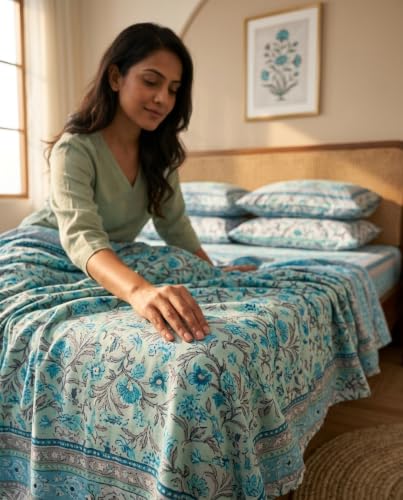 Image of Naksh Queen Size Bed Sheet Sky Blue Floral Print 2 Pillow Covers | Sky Blue Botanical Floral Print | Heritage Design for Queen Size Bedrooms