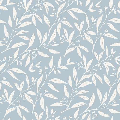 VEELIKE Soft Blue Leaf Wallpaper Peel and Stick Boho Leaf Contact Paper for Cabinets Drawers Accent Wall 17.7''x118'' Self Adhesive Prepasted Botanical Leaf Wall Paper for Bedroom Living Room Nursery