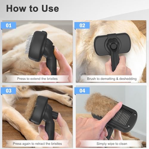 Dipoo Self Cleaning Shedding Brush - Skin Friendly Grooming Tool for Dogs, Cats, and Puppies, Deshedding and Hair Removal for Long and Short Haired Pets, Black — view 6