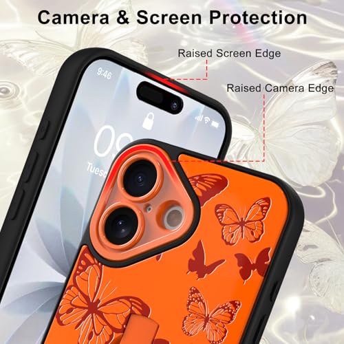 Image of for iPhone 17 Case with Finger Strap Holder, Cute Cool Butterfly Print Pattern Design for Women Men, Shockproof Anti Scratch Hand Kickstand Protective Cover, Orange