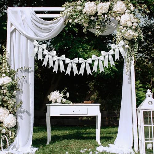 Image of 2 Strings of 16PCS White Bow Garlands Banner Decoration,Pre-Strung Satin Ribbon Ornaments for Birthday,Bachelorette Party,Bridal Shower,Wedding,Engagement,Baby Shower, Graduation Decor,Anniversary