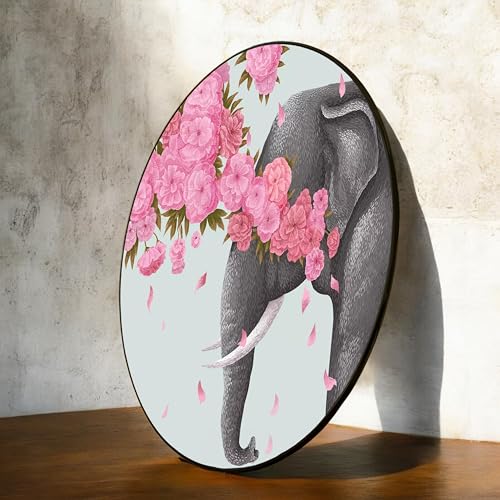 Image of PAINTINGMANTRA Elephant with Pink Flowers Round Large Wall Art Painting for Living Room Decoration, Circular Gold Metal Finish Stylish Large Wall Art Print for Wall Decor (22x22 Inches)
