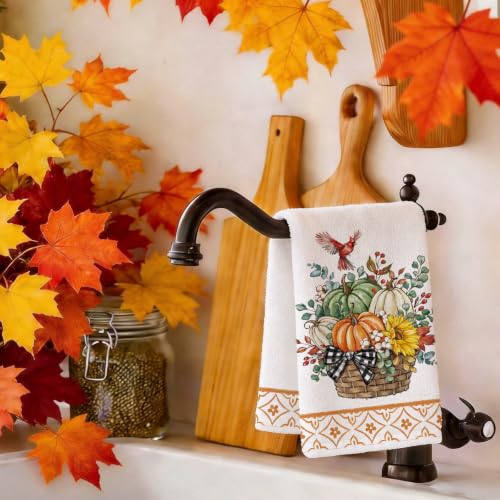 Image of Fall Pumpkin Cardinal Basket Kitchen Towels, Thanksgiving Dish Towels Set of 2, Autumn Sunflower Harvest 18 x 26 Inch Hand Towel Quick Drying Dishcloth Decor for Kitchen Bathroom Home