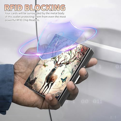 Image of Slim Credit Card Holder, Decorative Deer Butterfly RFID Blocking Metal Wallet for Men & Women, Aluminum Minimalist Hard Case Pocket-Sized Business Cards Organizer (Fits Up to 10 Cards)