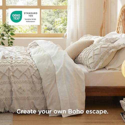 Image of Bedsure Boho Duvet Cover Queen, Tufted Embroidery, 3-Piece, Linen | Soft Brushed Microfiber, Lightweight Comforter Cover, Zipper Closure, 8 Interior Ties, Machine Washable, OEKO-TEX Certified