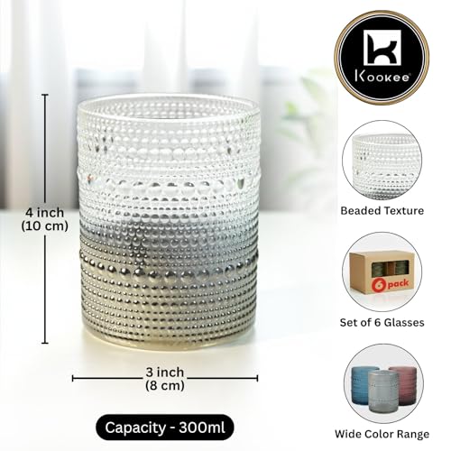 Image of Kookee Jupiter Vintage Hobnail Bubble Glass Double Old Fashioned Whiskey Tumbler | Cocktail Drinking Glasses Set of 6 | 300ml Textured Barware (12227)