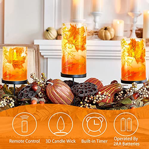 Image of Fall Flameless Candles, Autumn Maple Leaf Led Candles with Remote & Timer, Realistic Flickering Real Wax Candles for Harvest Festive, Thanksgiving Day, Party Decorations